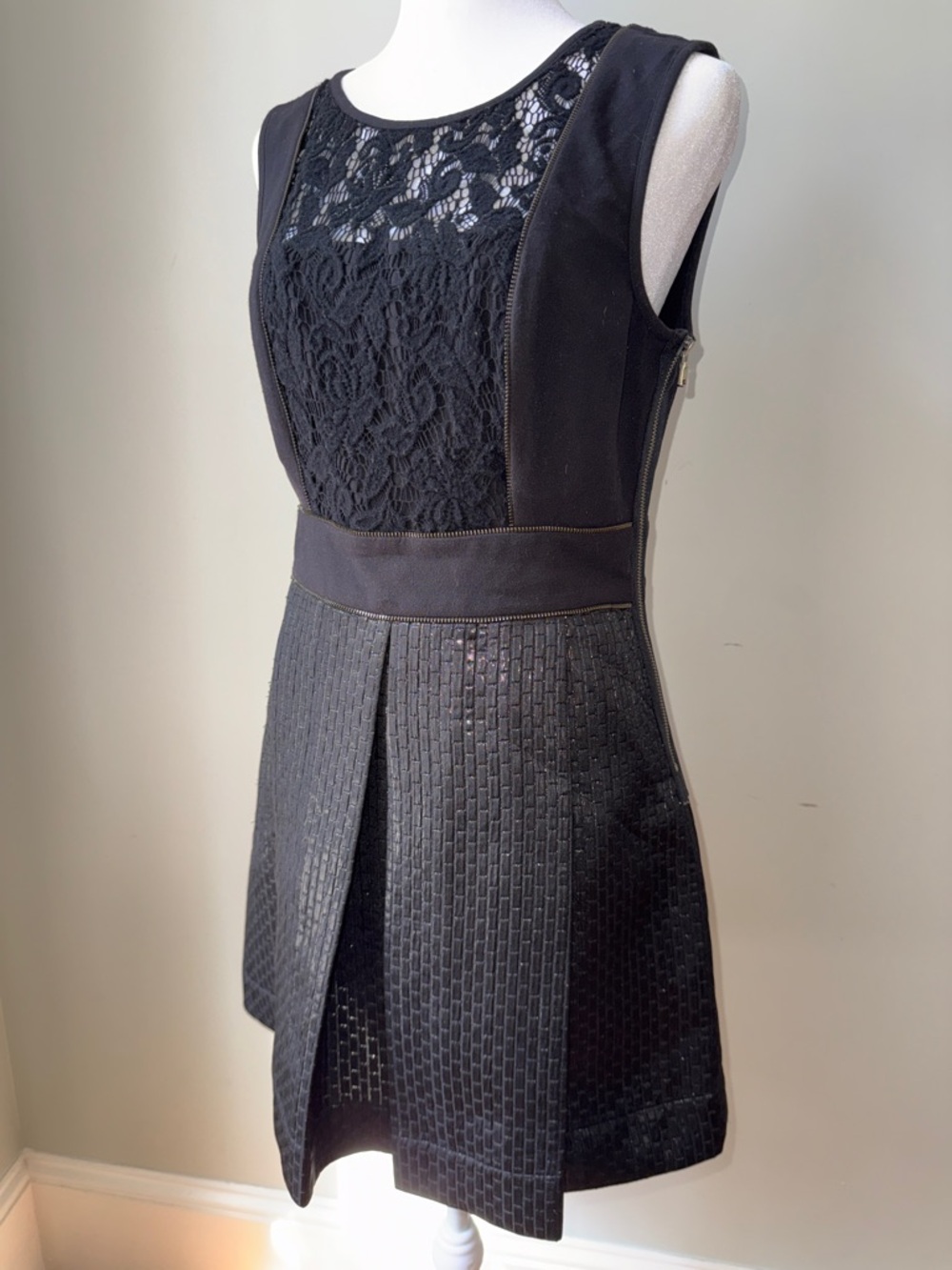 Rachel Toy Sleeveless Black Lace Panel A-Line Dress Small Waist Size 6